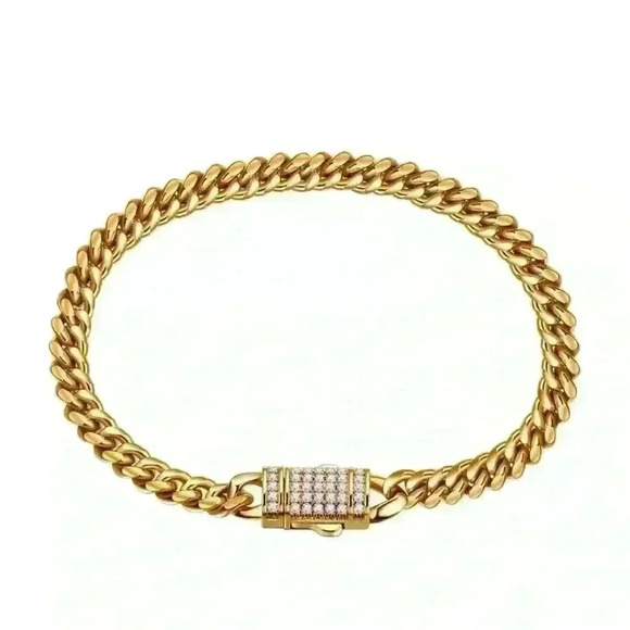 Men’s Cuban 14mm Gold & Stainless Steel Bracelet w/Rhinestones - Picture 1 of 4